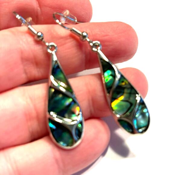 Pierced earrings drop & dangle long teardrops silver & abalone enamel finish - Picture 3 of 6